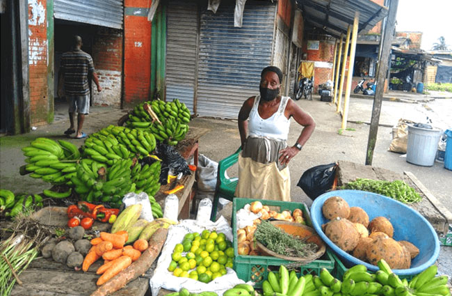 Señora en su puesto de venta de frutas y verduras en la galería de Buenaventura-Valle del Cauca, 2020.