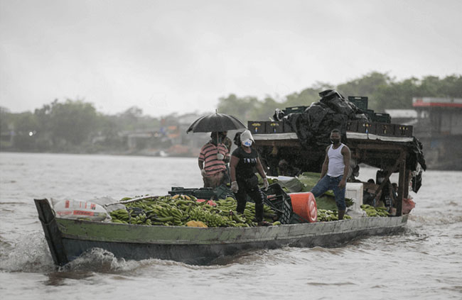 Barqueiros transportam pessoas e carga de bananas em Chocó.